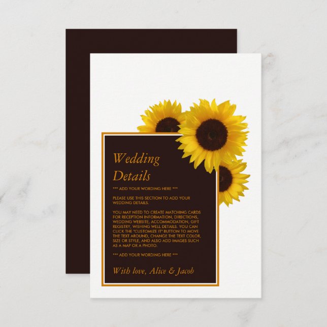 Cartão De Informações Rústicos Girassóis do País - Detalhe do Casamento  (Frente/Verso)