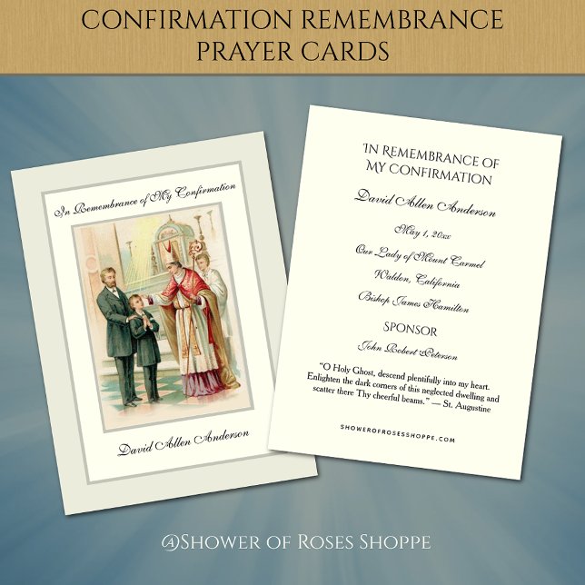 Cartão De Informações Sacramentos Religiosos, Garoto Sagrado. (Featuring a traditional Catholic Sacrament of Confirmation Holy Card for a young boy. )