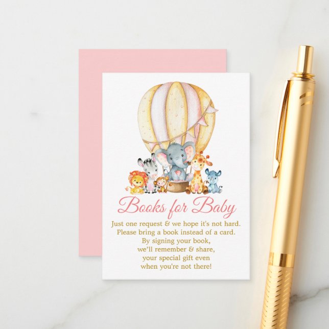 Cartão De Informações Safari Animais De Balão Rosa Para Chá de fraldas (Frente/Verso In Situ)
