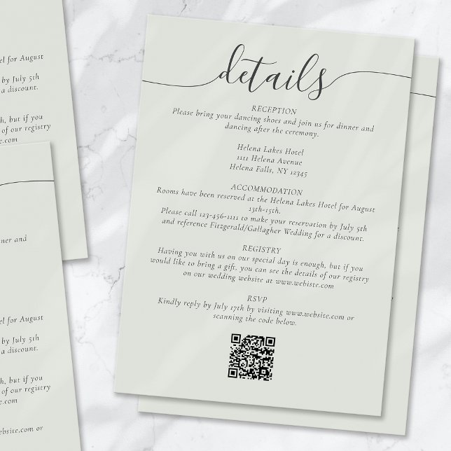 Cartão De Informações Sage Bohemian Script Simples Detalhes Do Casamento (Criador carregado)