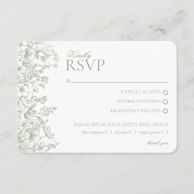 Cartão De Informações Sage Chinoiserie Floral RSVP Respose Card (Frente)