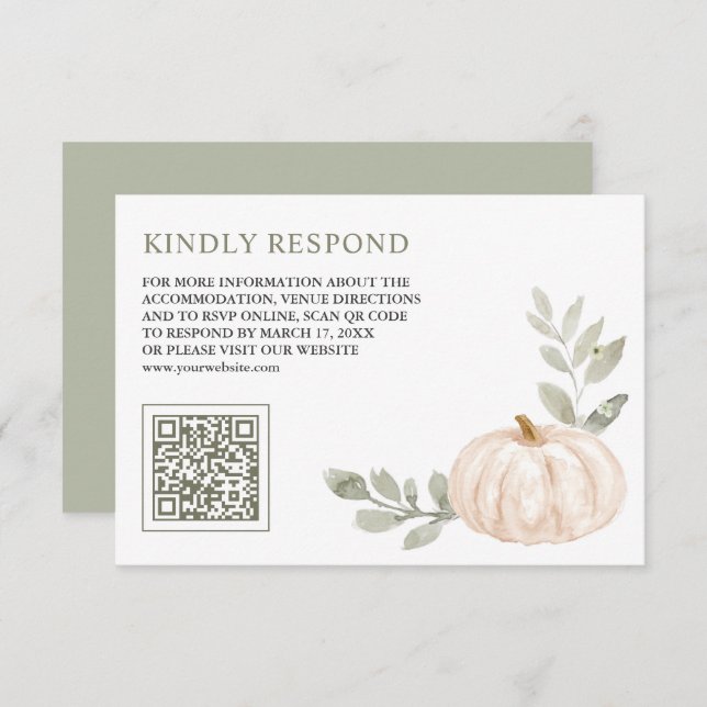 Cartão De Informações Sage Deixa Pumpkin Branco Código QR RSVP Casamento (Frente/Verso)