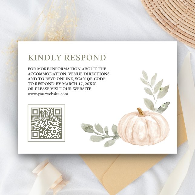 Cartão De Informações Sage Deixa Pumpkin Branco Código QR RSVP Casamento (Criador carregado)