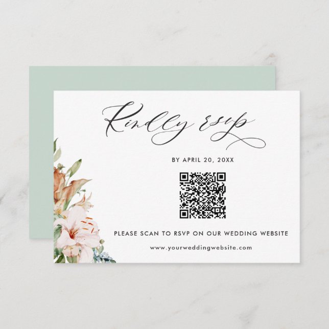 Cartão De Informações Sage, Earthy Blooms Código QR Rsvp Casamento Onlin (Frente/Verso)