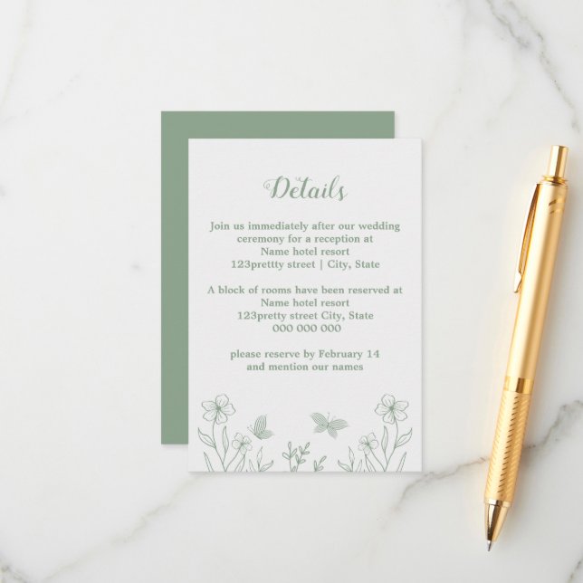 Cartão De Informações Sage elegante romântico casamento floral verde (Frente/Verso In Situ)