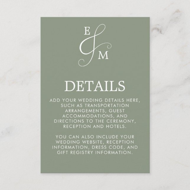 Cartão De Informações Sage Green Ampersand Wedding (Frente)