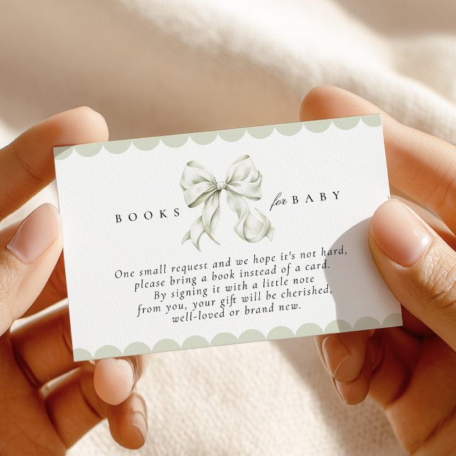 Cartão De Informações Sage Green Bow Baby Shower Books for Baby Card (Criador carregado)