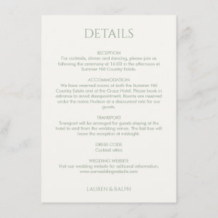 Cartão De Informações Sage Green Detalhes do Casamento do Monograma