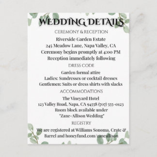 Cartão De Informações Sage Green Eucalyptus Wedding Info Card