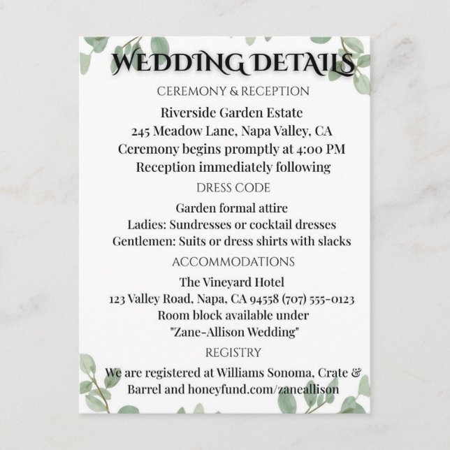 Cartão De Informações Sage Green Eucalyptus Wedding Info Card (Frente)