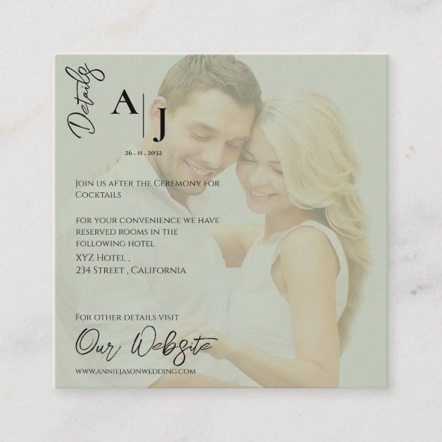 Cartão De Informações Sage Green Faux Vellum Foto Detalhes do Casamento (Frente)