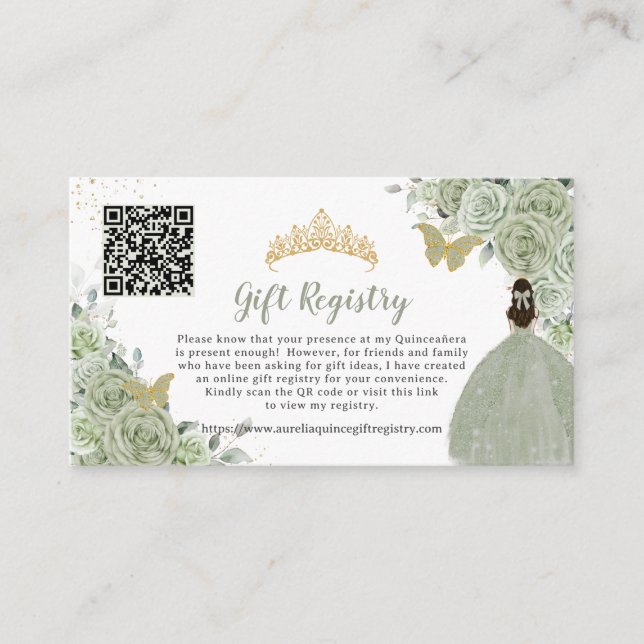 Cartão De Informações Sage Green Floral Dourada Quinceañera Gift Registr (Frente)