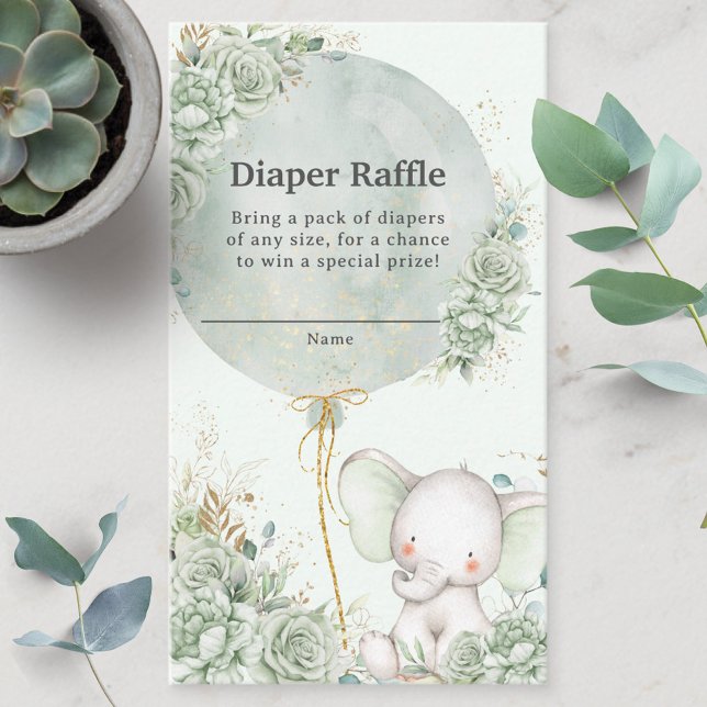 Cartão De Informações Sage Green Floral Elephant Fralda Raffle Neutro (Criador carregado)