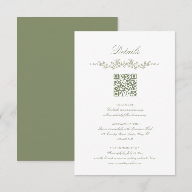 Cartão De Informações  Sage Green French Floral with QR Code Wedding (Frente/Verso)