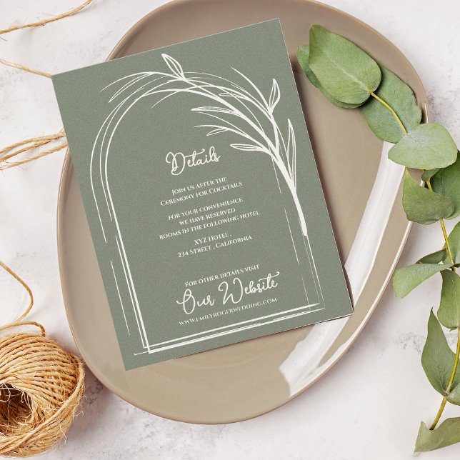 Cartão De Informações Sage Green Minimalist Arch Botanical Wedding (Sage Green Minimalist Arch Botanical Wedding Details Enclosure Card | Modern Wedding Information)