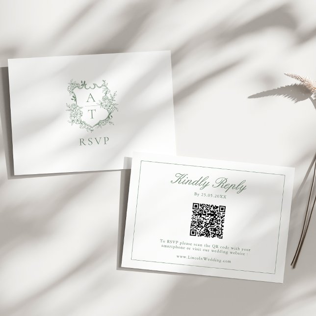 Cartão De Informações Sage Green Monogramas Crest Casamento QR Code RSVP (Criador carregado)