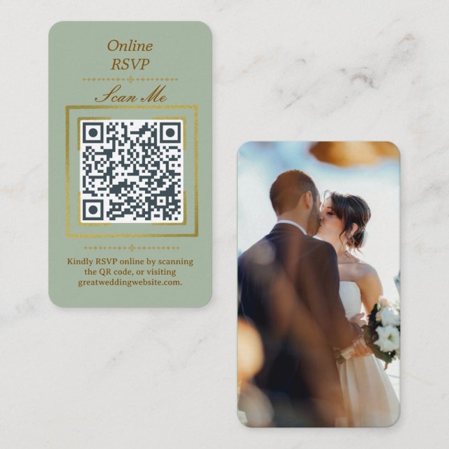 Cartão De Informações Sage Green | Photo Online RSVP QR Code Wedding  (Frente/Verso)