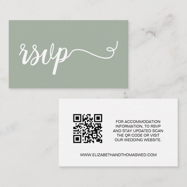 Cartão De Informações Sage green script Details Wedding website QR code (Frente/Verso)