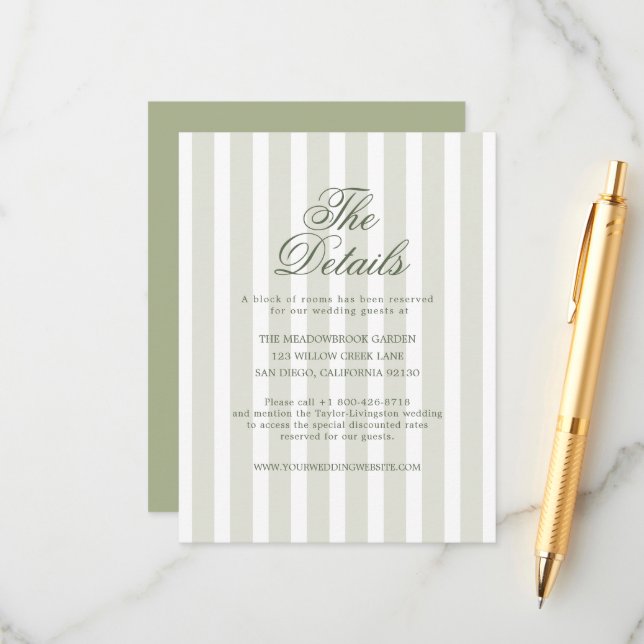 Cartão De Informações Sage Green Striped Wedding Details Card (Frente/Verso In Situ)