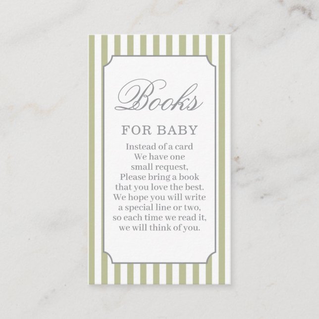 Cartão De Informações Sage Green Stripes Baby Shower Books for Baby Card (Frente)