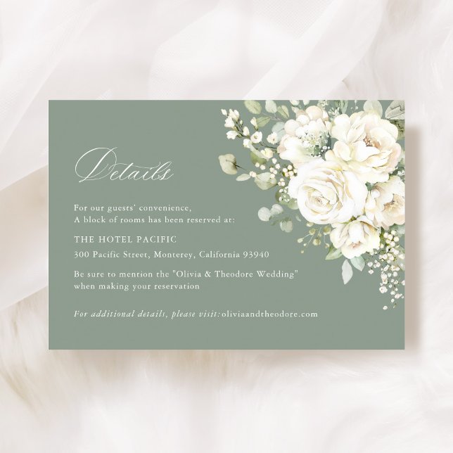 Cartão De Informações Sage Green White Floral Wedding Accommodation (Sage green white floral wedding accommodation details card, watercolor greenery enclosure card)
