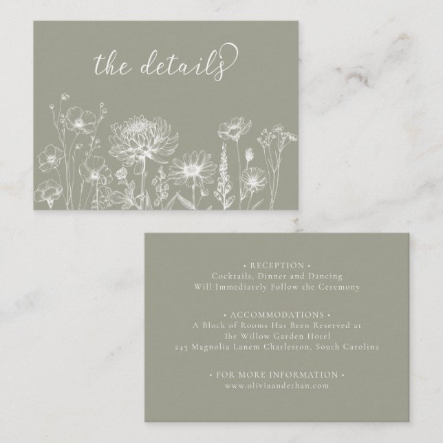 Cartão De Informações Sage Green Wildflower Details Card Wedding Insert (Frente/Verso)