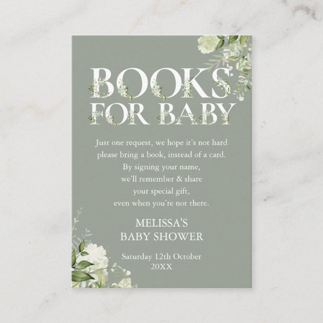 Cartão De Informações Sage Greenery Livros Para Chá de fraldas (Frente)