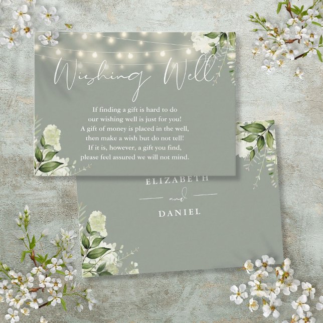 Cartão De Informações Sage Greenery String Luzes Desejando Bem Casamento (Sage Greenery String Lights Wishing Well Wedding Enclosure Card)