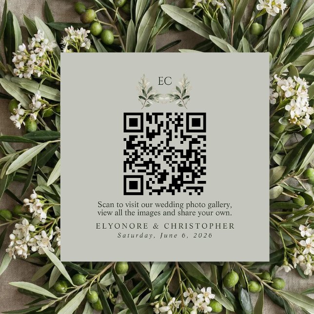 Cartão De Informações SageGreen Olive Branch Monogram Photos QR Code  (Criador carregado)