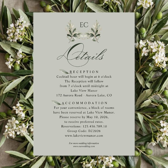 Cartão De Informações SageGreenOlive Branch Monogram Wedding Details  (Criador carregado)