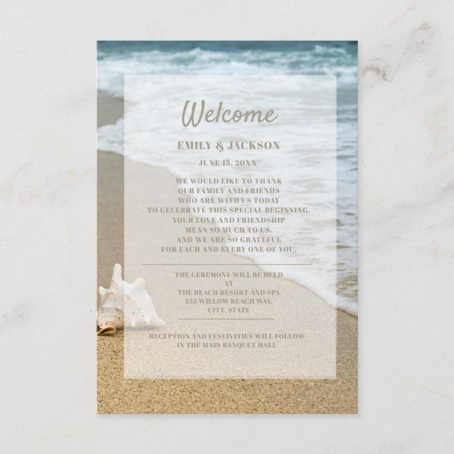 Cartão De Informações Sandy Beach Ocean Seashell Wedding Bem-vindo (Frente)