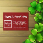 Cartão De Informações Saudação Empresarial de São Patrício em Vermelho<br><div class="desc">Feliz Dia de São Patrício! Mais um feriado para celebrar neste mês de março e também para divulgar o seu negócio ou promover a sua marca. O verde é sempre a cor deste feriado, mas tente também outras cores. Cartão de inclusão de cor vermelha que você pode personalizar para colocar...</div>