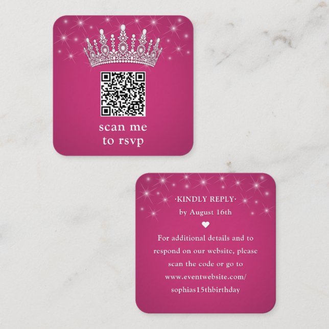 Cartão De Informações Scan Me QR RSVP Quinceañera Crown Fuschia Pink (Frente/Verso)