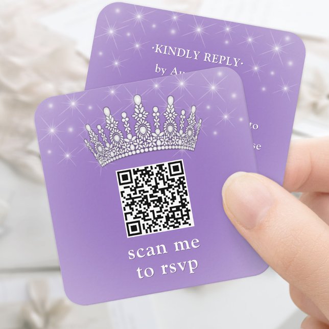Cartão De Informações Scan Me QR RSVP Quinceañera Crown Lilac Purple (Criador carregado)