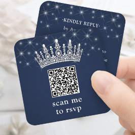 Cartão De Informações Scan Me RSVP QR Code Quinceañera Crown Navy Blue