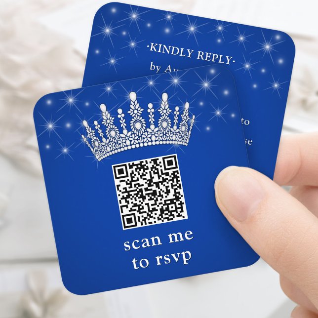 Cartão De Informações Scan Me RSVP QR Code Quinceañera Crown Royal Blue (Criador carregado)