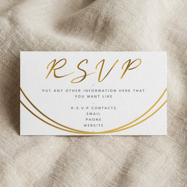 Cartão De Informações script de efeito Dourado, branco RSVP (Gold effect elegant script, RSVP white Enclosure Card.)