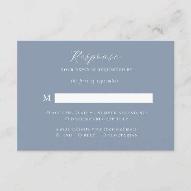Cartão De Informações Script Elegante Clássico Casamento Azul Dusty Rsvp (Frente)