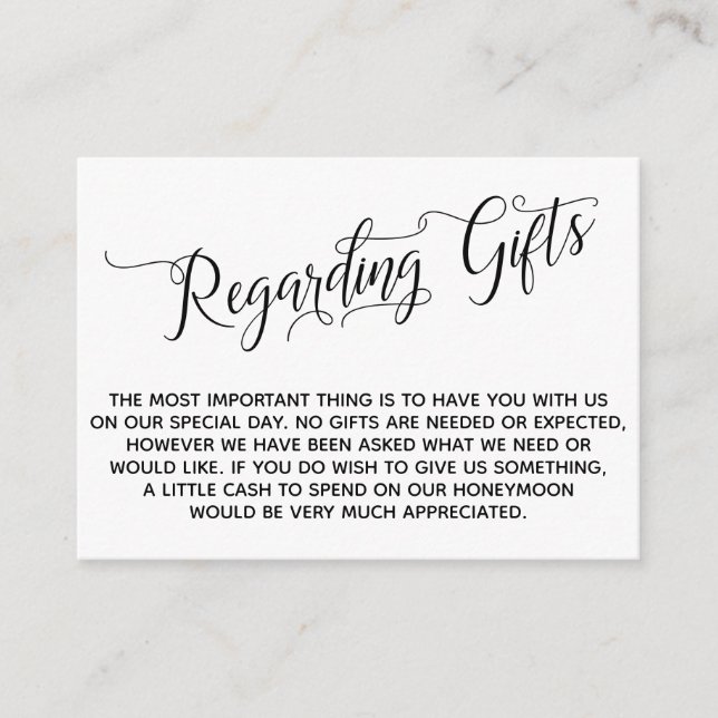 Cartão De Informações Script Elegante sobre presentes para o casamento (Frente)