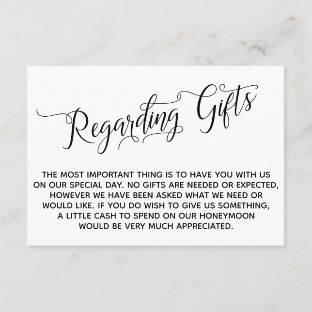 Cartão De Informações Script Elegante sobre presentes para o casamento (Frente)