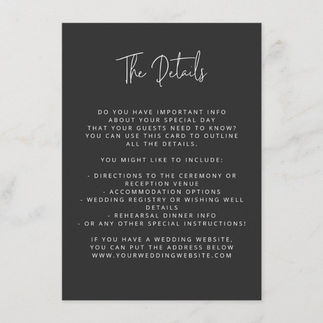Cartão De Informações Script Font Modern Wedding Black and White (Frente)