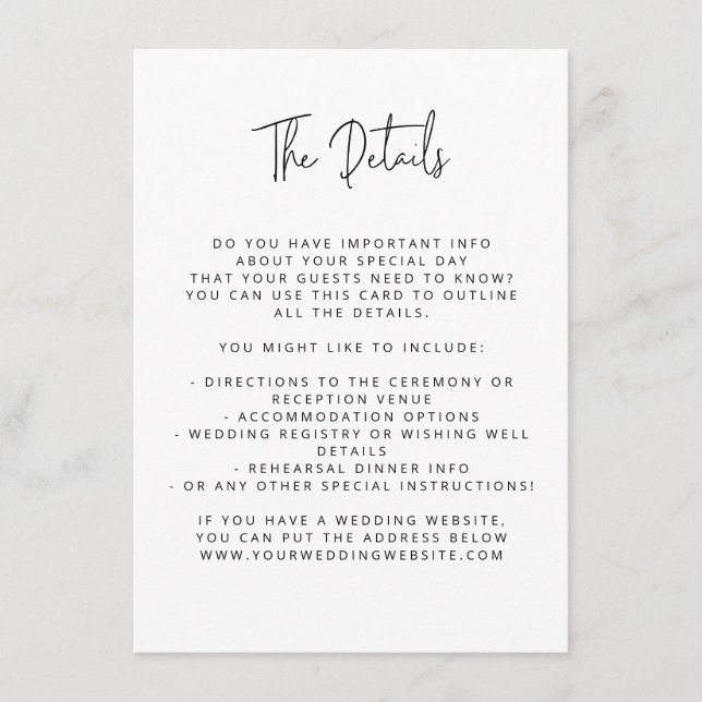 Cartão De Informações Script Font Modern Wedding Black and White (Frente)