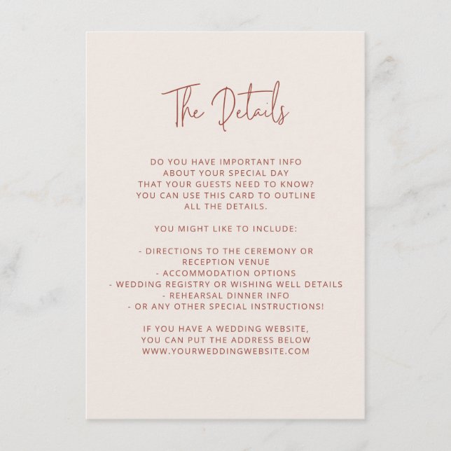 Cartão De Informações Script Font Modern Wedding Terracotta & Cream (Frente)