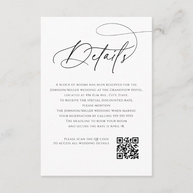 Cartão De Informações Script Monogram Wedding Details White QR Code (Frente)