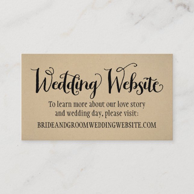 Cartão De Informações Script Preto do Site de Casamento Rustic Kraft (Frente)