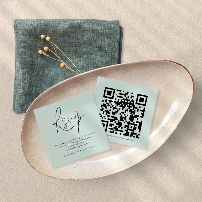 Cartão De Informações Script QR Code Mint Green Wedding RSVP (Criador carregado)