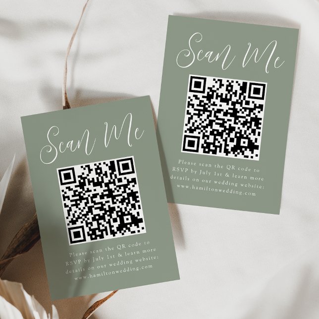 Cartão De Informações Script Simples Código QR Verde Sage RSVP Casamento (Criador carregado)