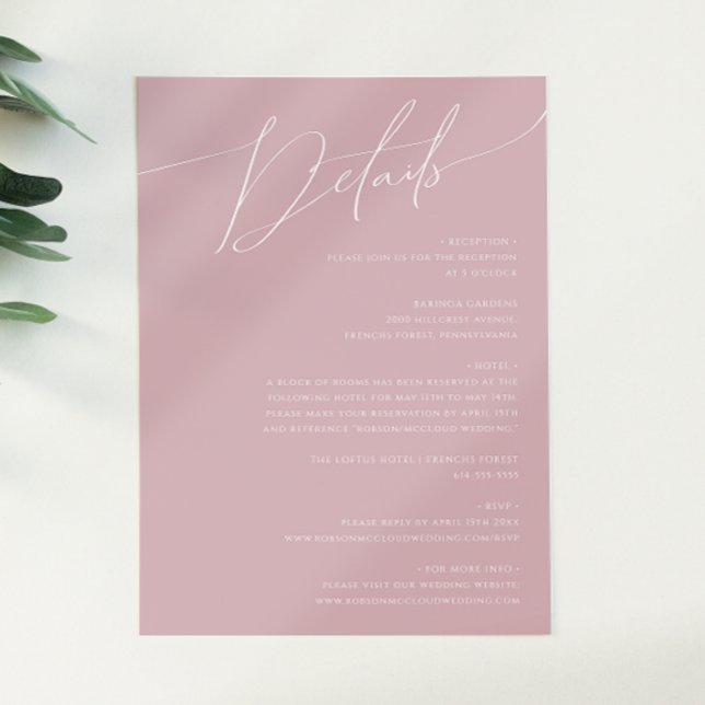 Cartão De Informações Script Whimsical | Detalhes do Rosa Dusty (Criador carregado)