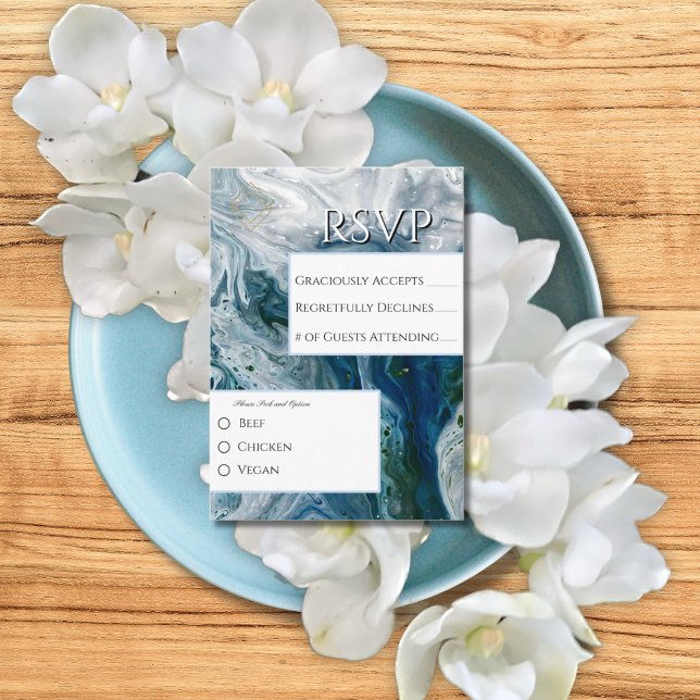 Cartão De Informações Sea Blues Alcohol Ink Paint Elegant Wedding  (Criador carregado)