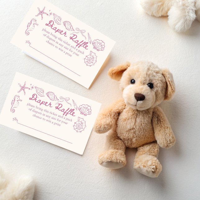 Cartão De Informações Sea you soon seashells baby shower diaper raffle (Sea you soon pink seashells baby shower diaper raffle cards hand drawn seashell raffle tickets)